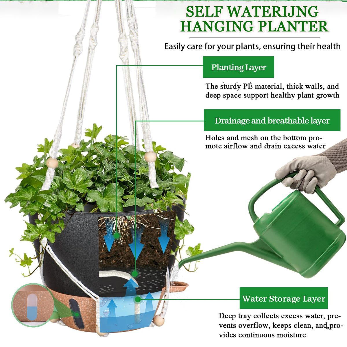 Fielda 10 Inch Hanging Planters for Indoor Plants, 2 Pack Self Watering Hanging Baskets Flower Pots with Drainage Hole, Visual Reservoir & 2 Kinds of Plant Hanger for Outdoor Garden Home Decor（Black）