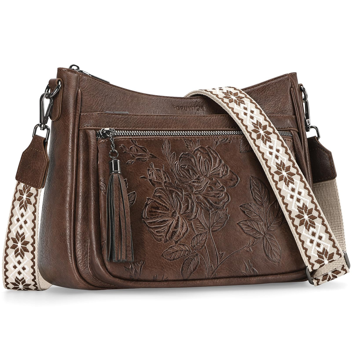 FORUWISH Crossbody Bags for Women, Coffee Brown Vegan Leather Medium Crossbody Purse, Spacious Daily Travel Shoulder Bag with Boho Strap