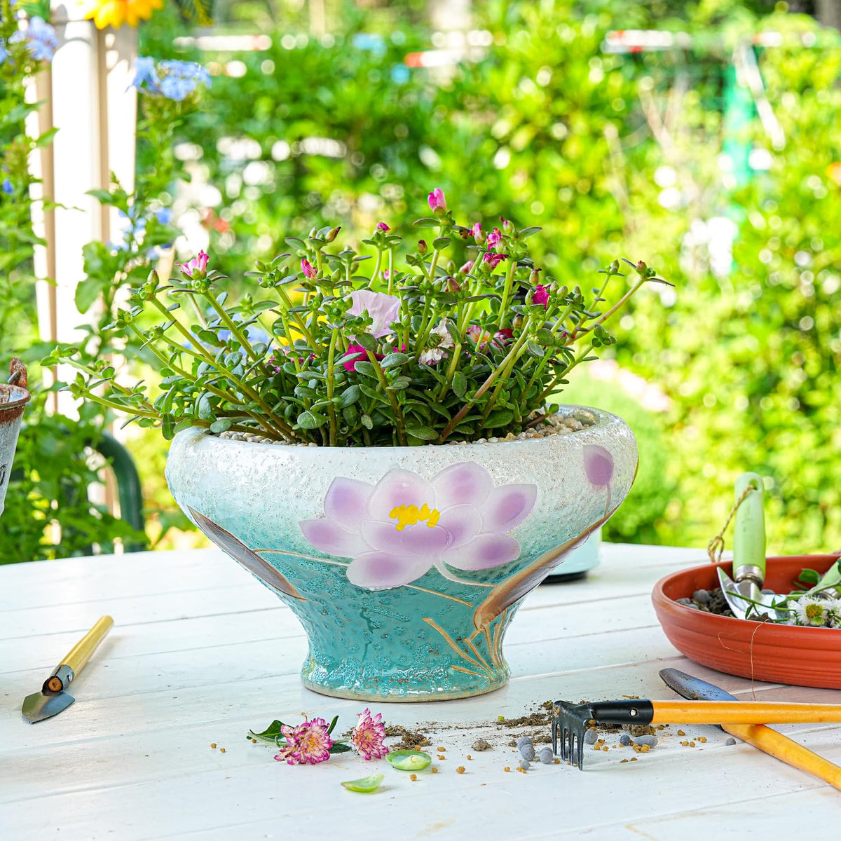 Sungmor 9.6 Inch Large Succulent Plant Pots, Pretty Hand Painted Ceramic Planter with Drainage, Indoor Outdoor Cactus Planter Bonsai Pot, Flower Pot for Indoor Plants Garden Windowsill Desktop Decor