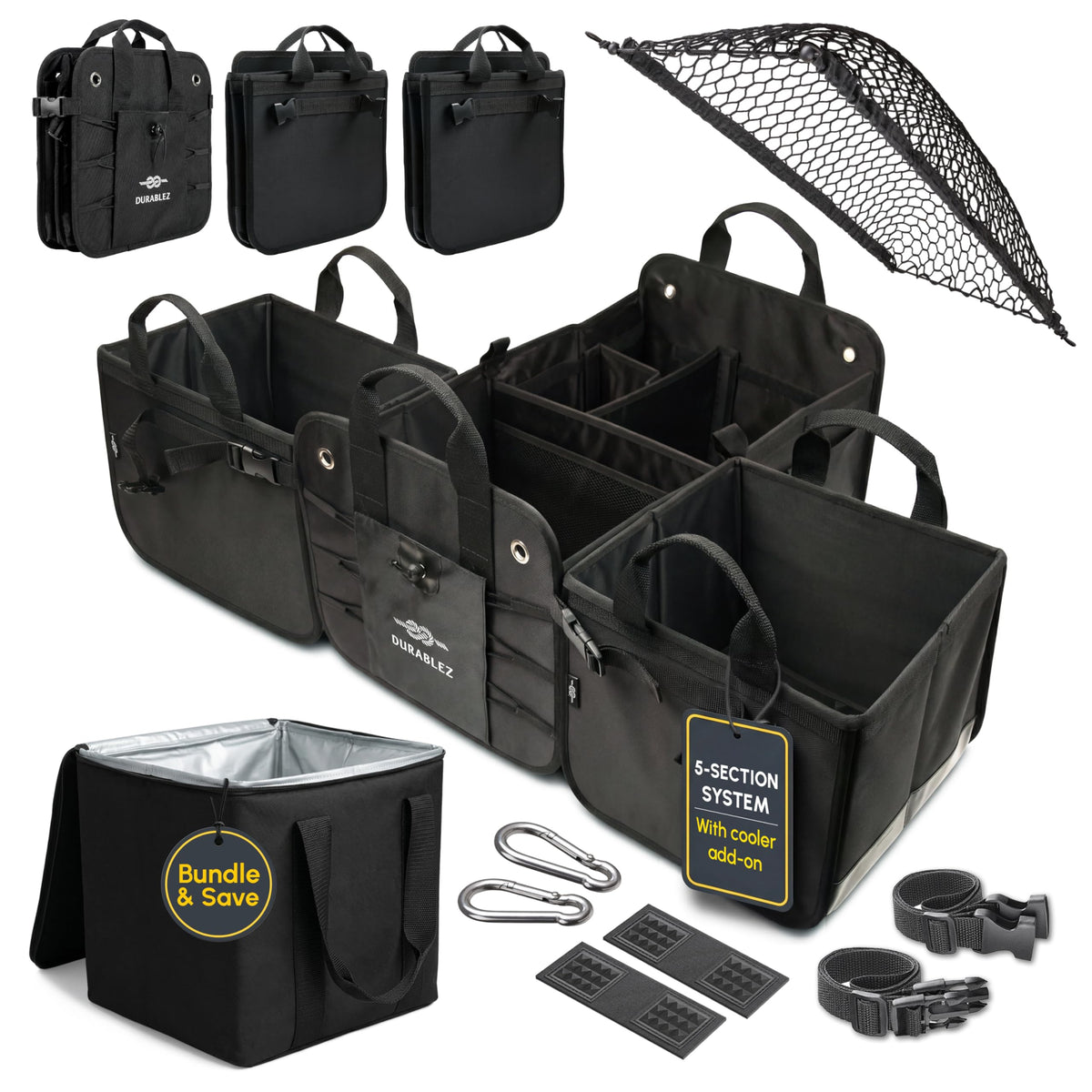 DURABLEZ Trunk Organizer 5-Section Modular XL Car Storage System – Extra Large Cargo Organizer for Car Trunk, Foldable Multi-Compartment Auto Organizer, Heavy Duty Oxford 1680D – Black