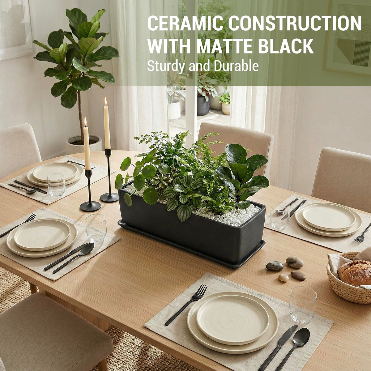 MyGift 14 Inch Ceramic Indoor Plant Pot, Rectangular Succulent Planter, Decorative Flower Planter with Drainage Hole and Removable Tray, Matte Black