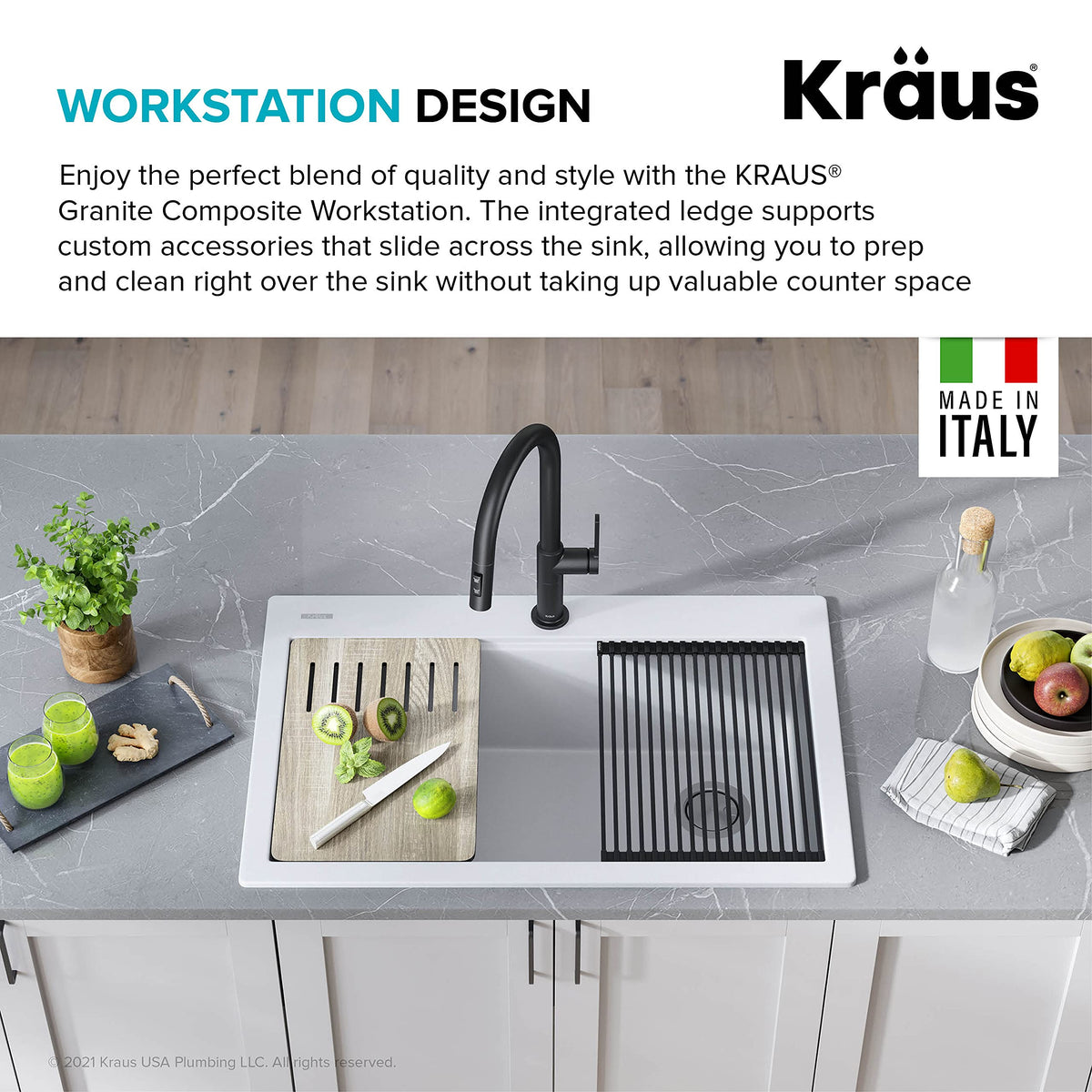 KRAUS Bellucci Workstation 33 in. Drop In Single Bowl Granite Kitchen Sink in White with Accessories, KGTW1-33WH