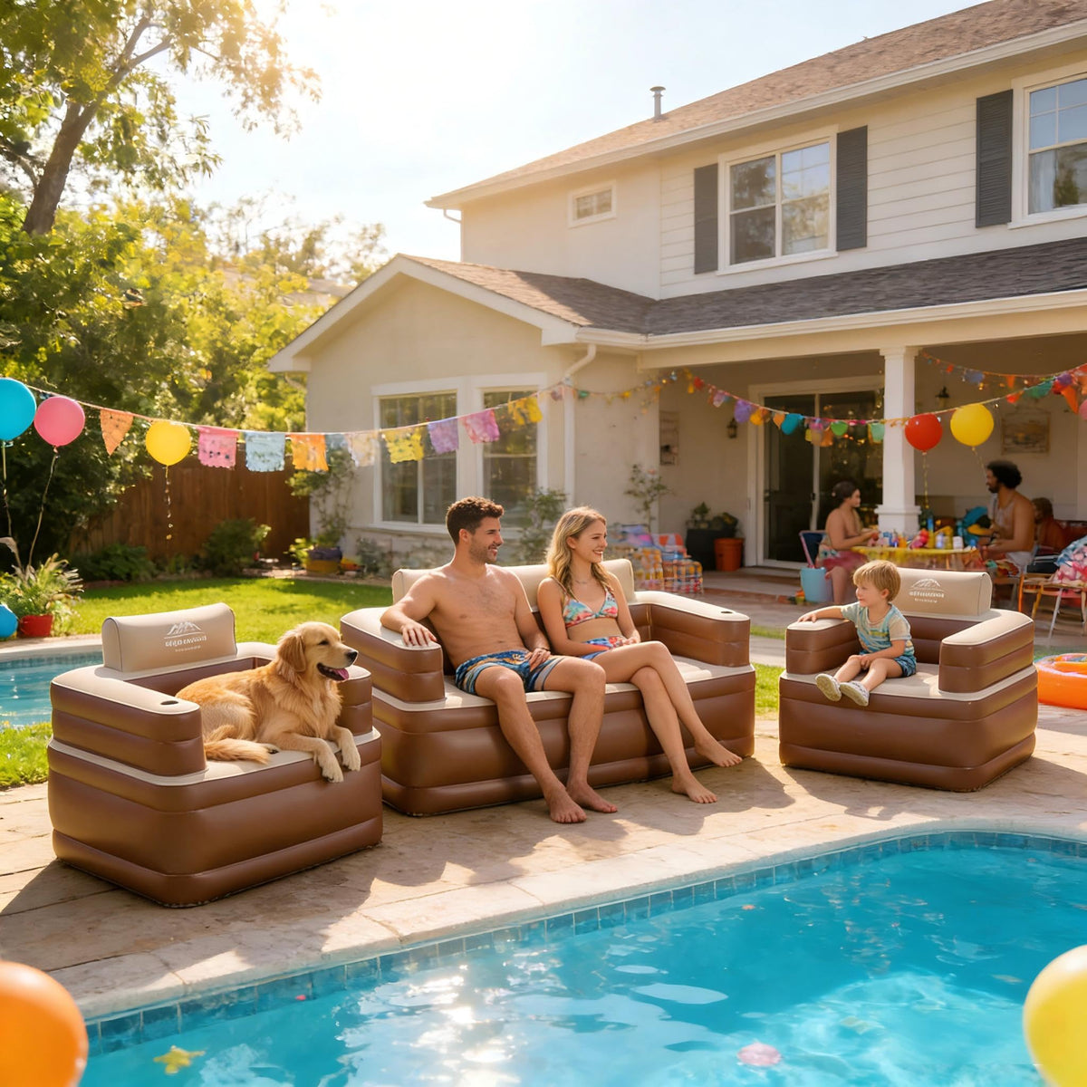 LANMOUNTAIN Inflatable Couch Set with Cup Holders & Pump, Velvety Air Sofa (1 Loveseat 60"x32"x34" & 2 Chairs 41"x32"x34") for Camping & Home