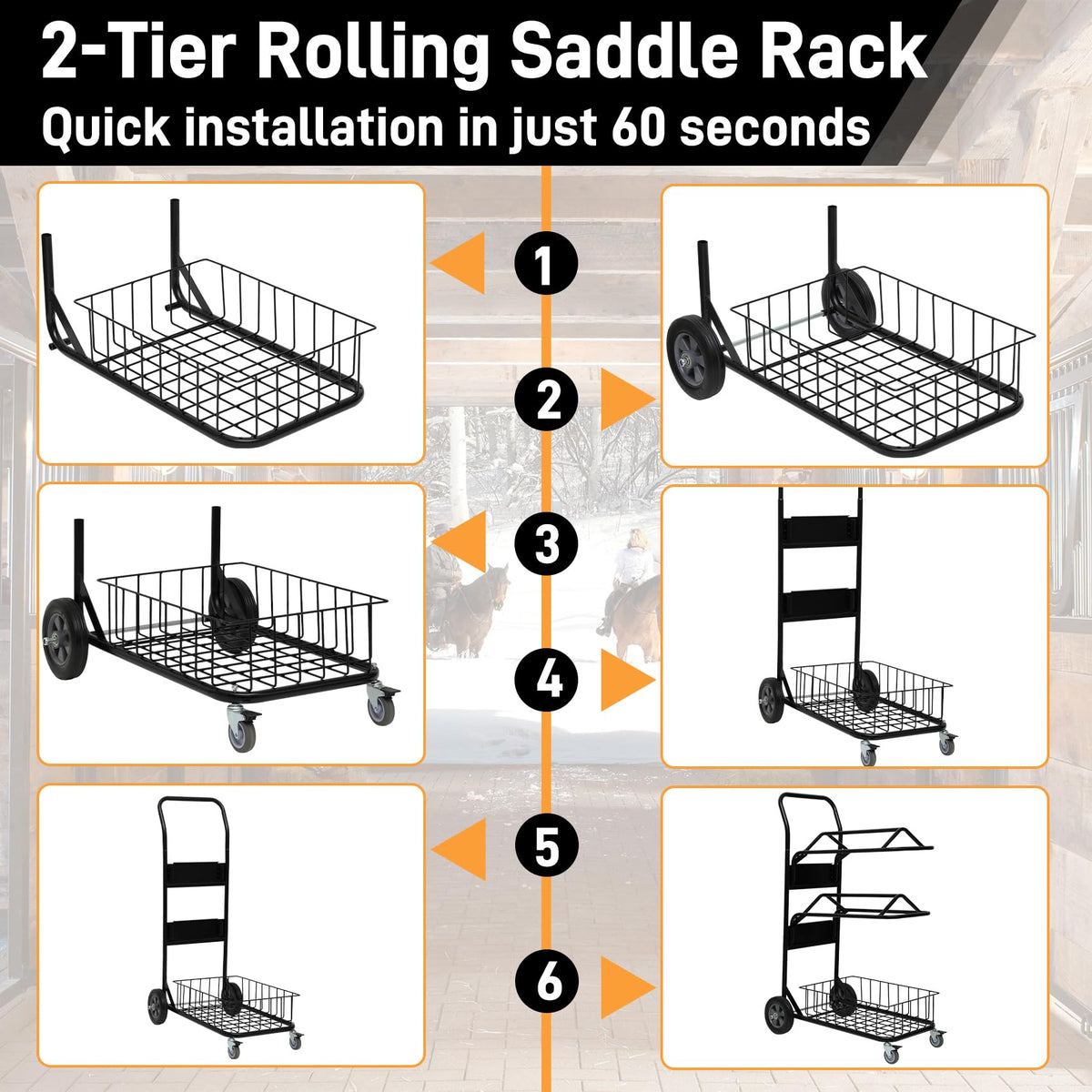 Heavy Duty Two Tier Saddle Rack Stand, Wheeled Saddle Cart with Basket, Ideal for Storing, Transporting, Organizing, and Moving Supplies - Detachable