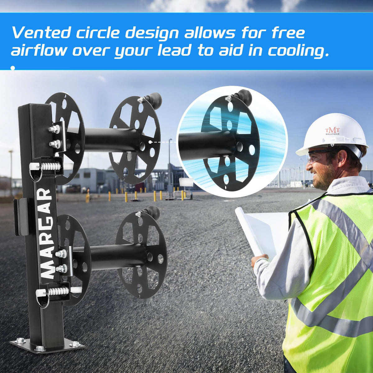 Heavy Duty Double Welding Cable Lead Reel, 10°Tilting Fixed Base, Accommodates 150 Feet of 1/0 and 125 Feet of 2/0 Cable (10" Reel)
