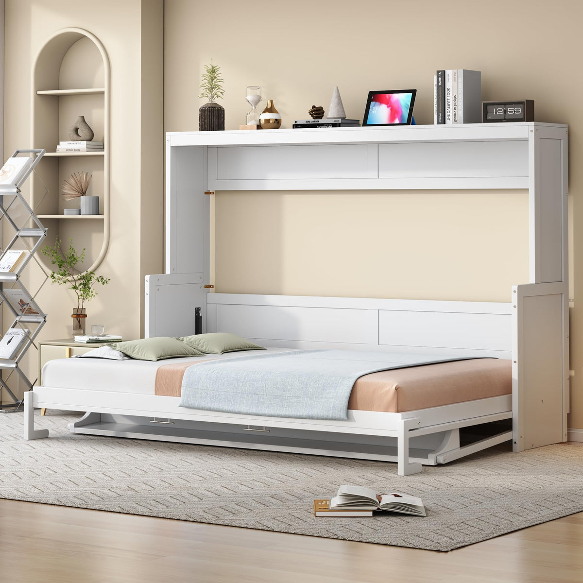 Ball & Cast Horizontal Murphy Bed Queen Size,Hidden Folding Wall Bed Frame with Hydraulic Lift&Desk,Wood Cabinet Platform Bed can be Folded into Desk,Space Saving for Bedroom,Guest Room,White
