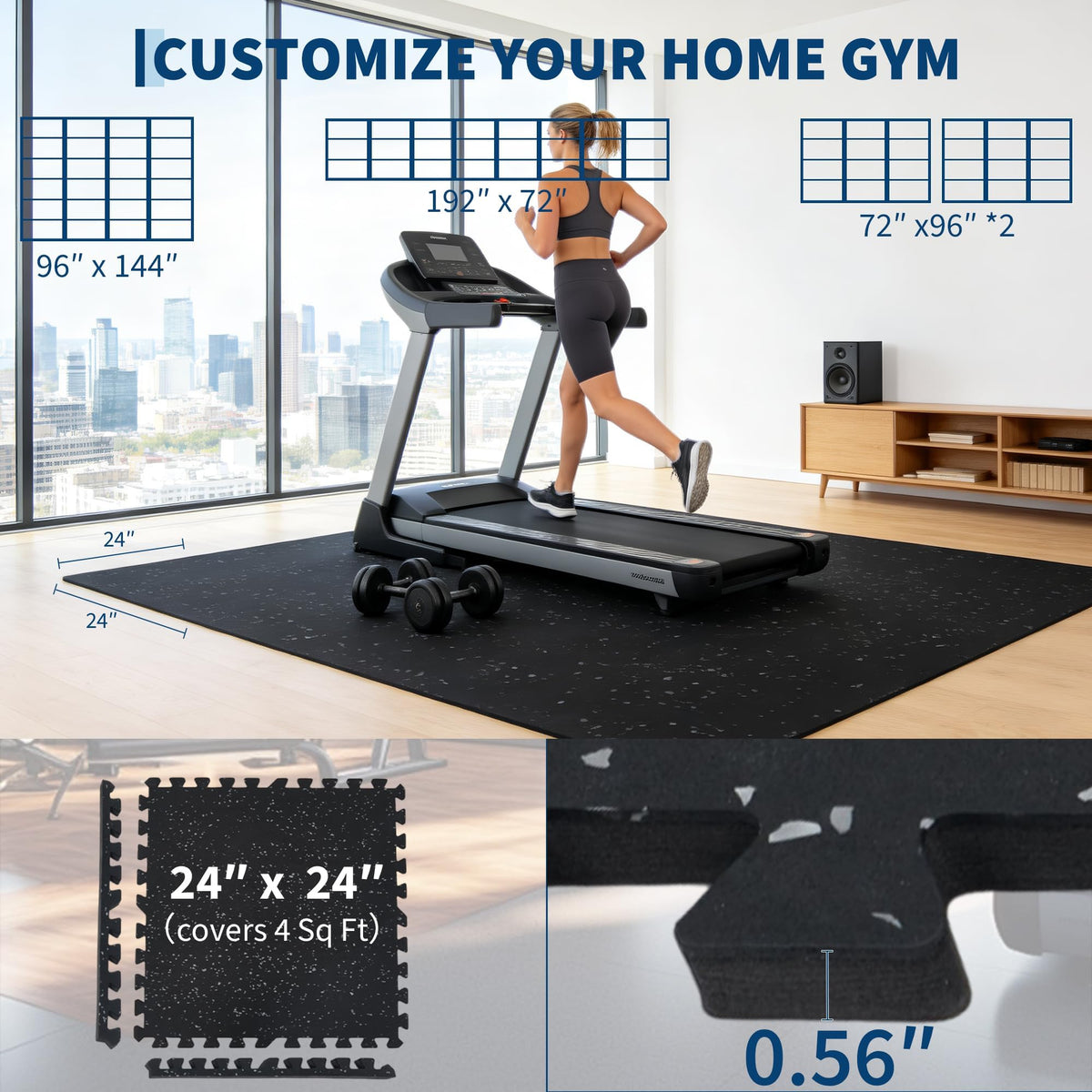 0.56" Thick 48 Sq ft Exercise Equipment Mats,12 Tiles Rubber Interlocking Puzzle Gym Flooring with High Density EVA Foam for Home Gym, Heavy Weight Workout, 24 x 24in Black/Grey