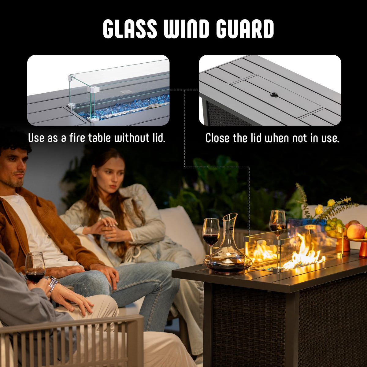 Werph 43" Propane Fire Pit Table with Rattan Fence, 50,000 BTU Gas Fire Pits for Outside Patio with Auto-Ignition, 2-in-1 Fire Table with Natural Lava Rock, Wind Guard& Removable Lid, Black