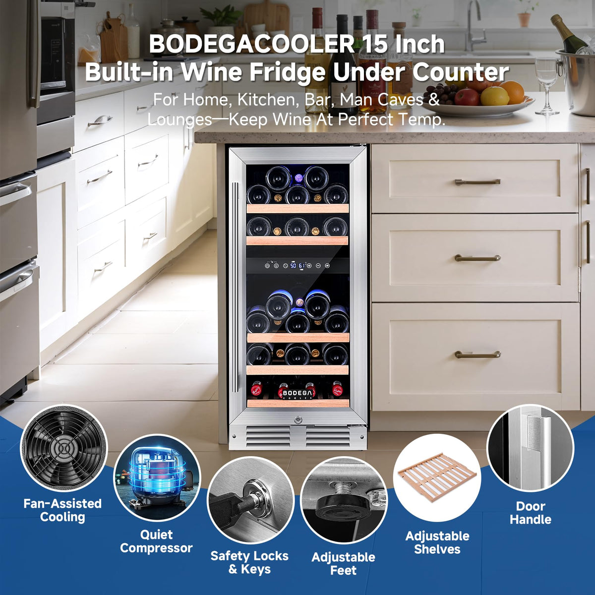 BODEGA 15 Inch Dual Zone Wine Cooler, 30 Bottle Compressor Wine Fridge with 41-72°F Temp Control, Built-in & Freestanding, UV-Protected Glass Door, Stainless Steel – for Home Bar, Kitchen.