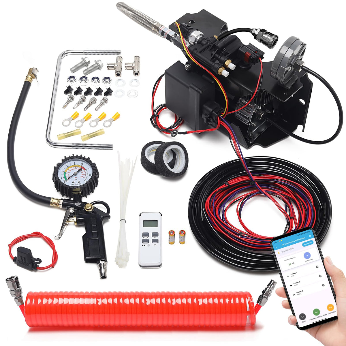 130 PSI Wireless Air Shock Controller Kit 25980EZ, Bluetooth App & Remote Control, Easy Install, Compatible with Cars, SUVs, Trucks, HASK-01APP
