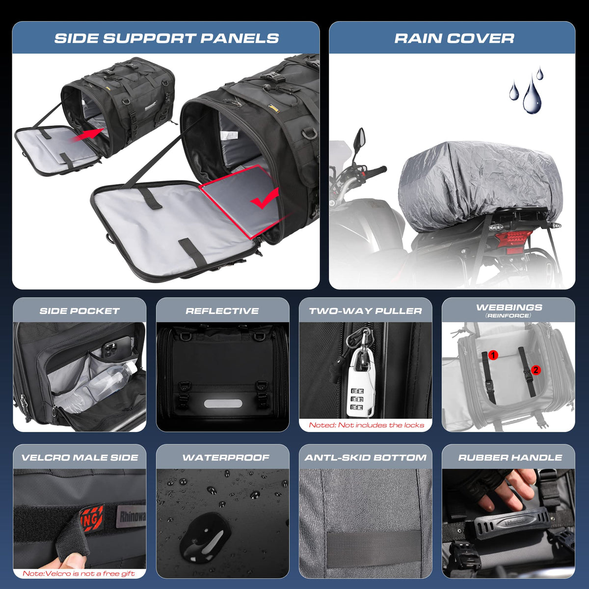 Rhinowalk Motorcycle Tail Bag, Expandable Motorcycle Travel Luggage Bags 60L, Waterproof All-Weather Trunk Rack Bag with Sissy Bar Straps & Helmet Rain Cover-Black