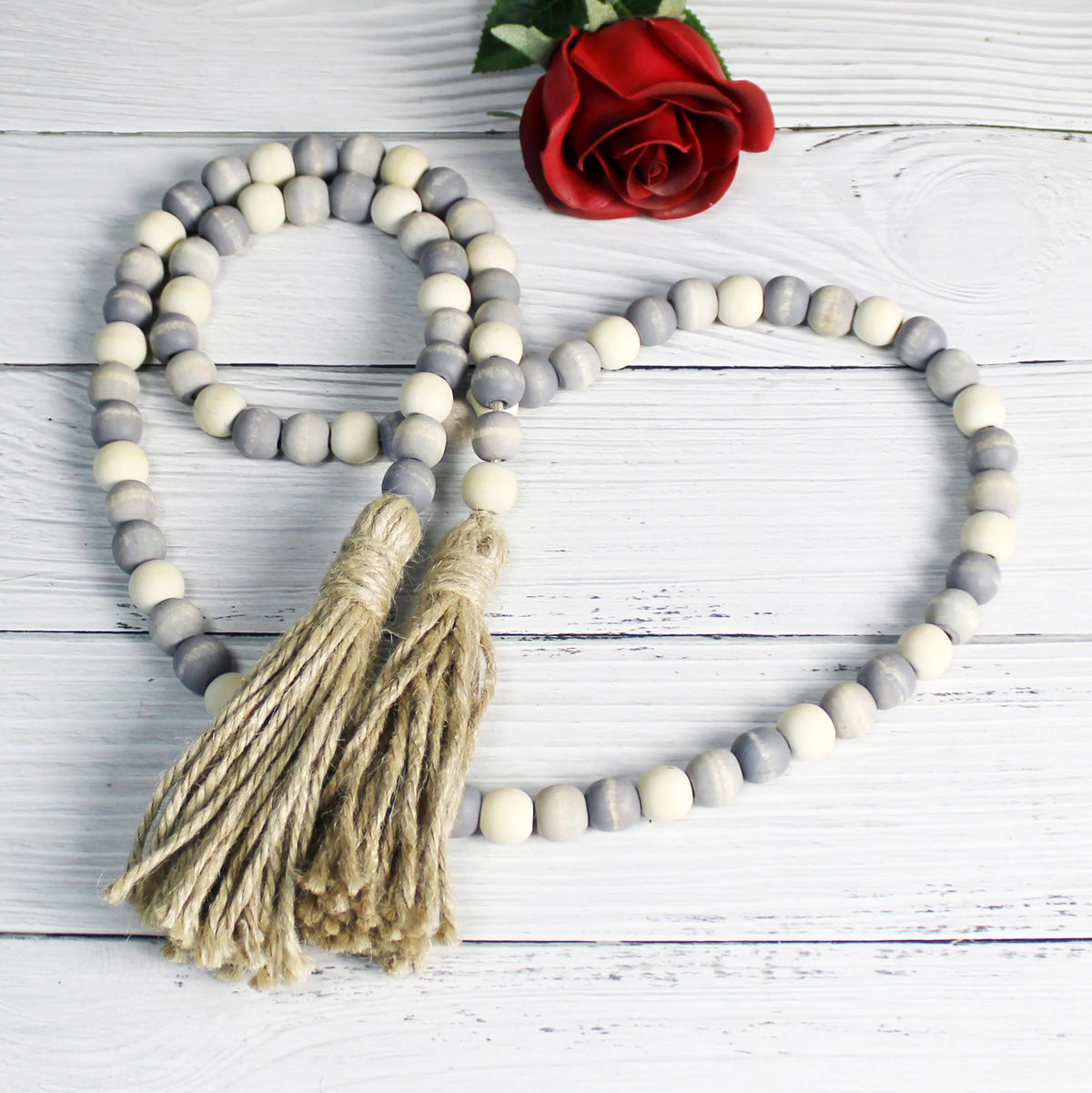 CVHOMEDECO. Wood Beads Garland with Tassels Farmhouse Rustic Wooden Prayer Bead String Wall Hanging Accent for Home Festival Decor. Grey Mix Distressed