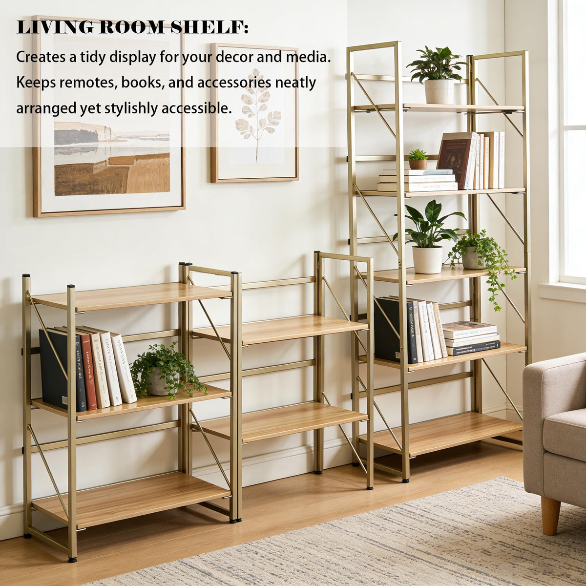 Kogven Folding Bookshelf, 2-in-1 Convertible Design, Multifunctional Plant Stand Storage Rack Shelves for Home Office, Easy Assembly, 5-Tier,Gold & Nature Wood