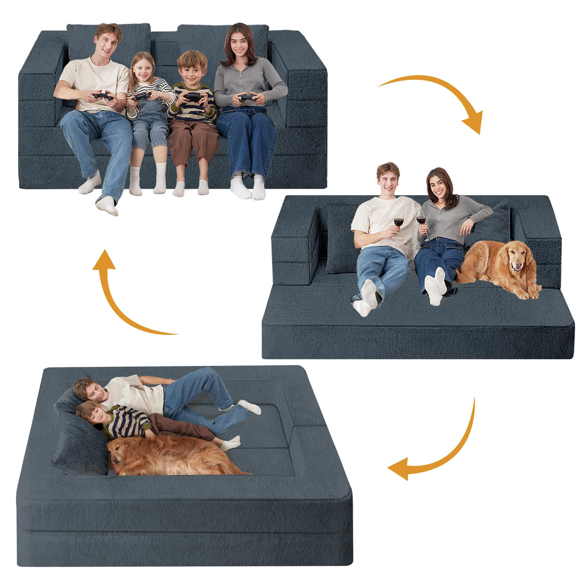 Cansunna Folding Bean Bag Chair for Adults,3-in-1 Bean Bag Couch Faux Fur Floor Sofa Large Beanbag Convertible Bean Bag Sofa Bed with Pillow in Bedroom,Living Room,Apartment(Queen,Dark Grey)
