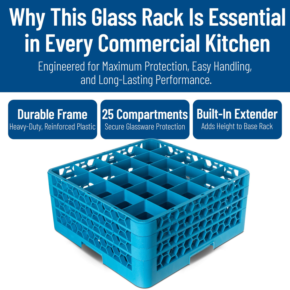 Carlisle FoodService Products OptiClean 25-Compartment Glass Racks With 3 Extenders for 3.19" Cups – Glass Racks for Restaurants Scratch-Resistant Texture, Blue, (Pack of 2)