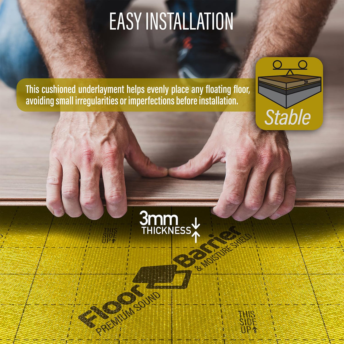 Premium Floor Underlayment with Moisture Barrier – 200 sq ft Roll, 3mm Thick – Quiets Foot Traffic Noise, Under Floor Insulation for Hardwood, Laminate, & Vinyl Plank Flooring (2 Pack)