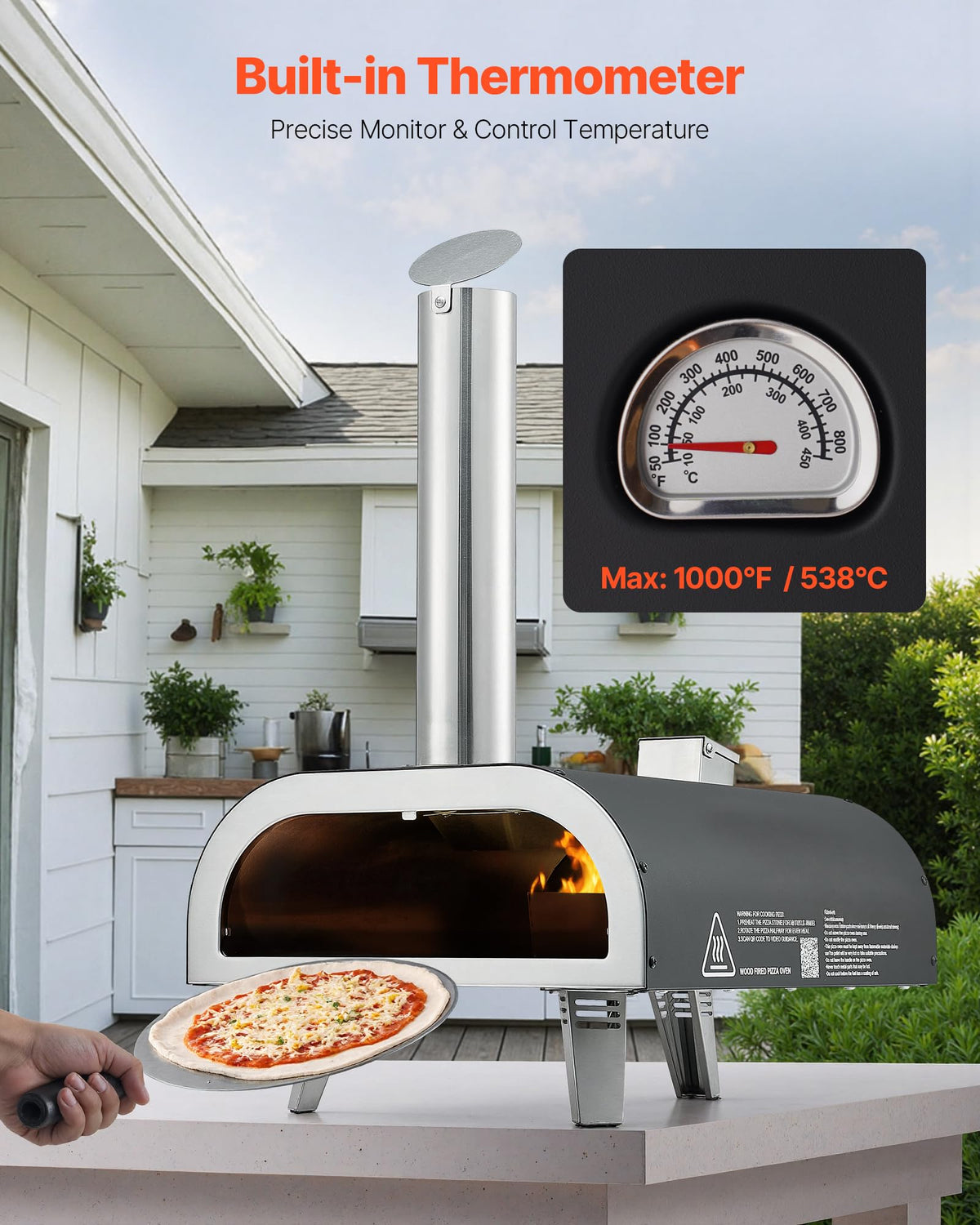VEVOR Outdoor Pizza Oven, 12 Inch Wood Fired Pizza Ovens, Pellet Pizza-Stove with Thermometer, Portable Pizza-Maker for Outside Backyard Patio Camping, Pizza-Stone, Carry Bag, Shovel, Black