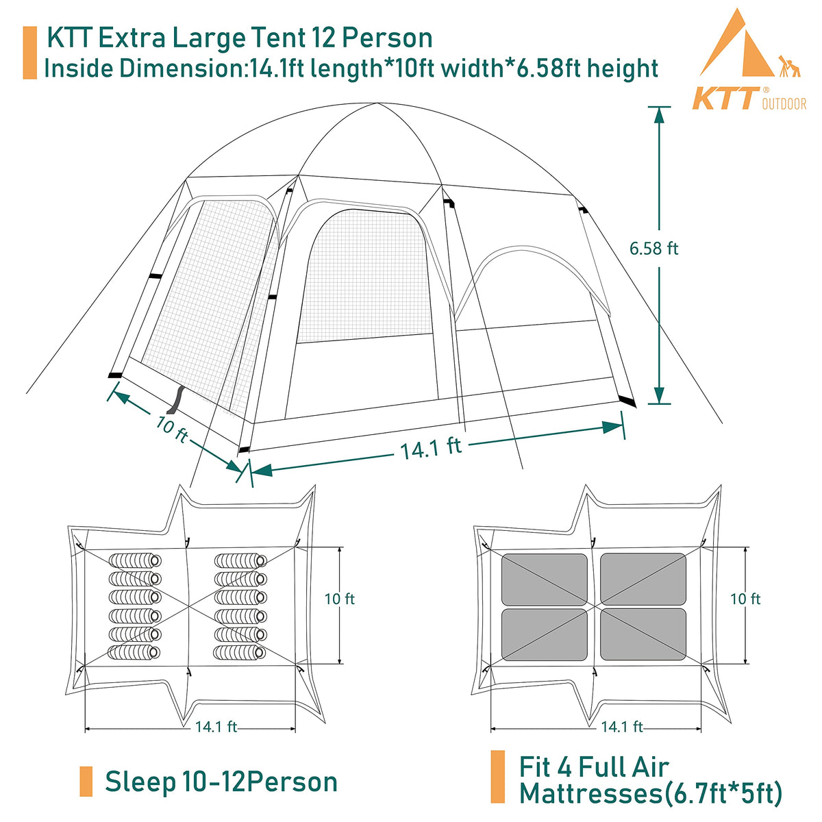 KTT Extra Large Tent 12 Person,Family Cabin Tents,2 Rooms,3 Doors and 3 Windows with Mesh,Straight Wall,Waterproof,Double Layer,Big Tent for Outdoor,Picnic,Camping,Family Gathering(Brown)