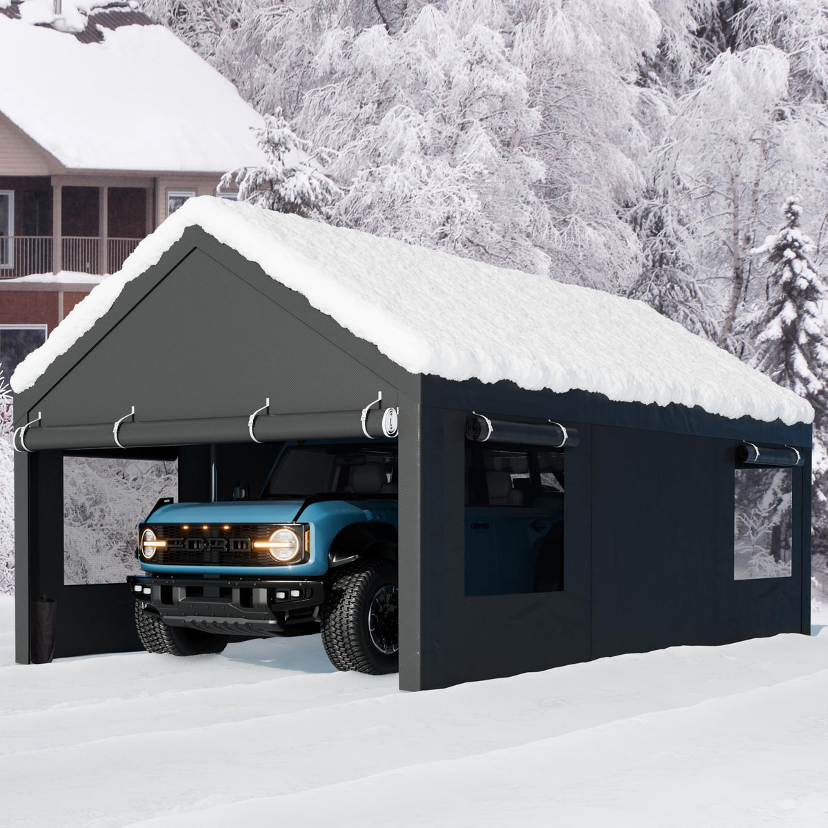 Nuturelly 10x20 FT Carport, Heavy Duty Carport Canopy with Roll-up Windows, Portable Garage with Removable Sidewalls & Doors, Car Canopy with All-Season PE Tarp for Car, Truck, Boat, Gray