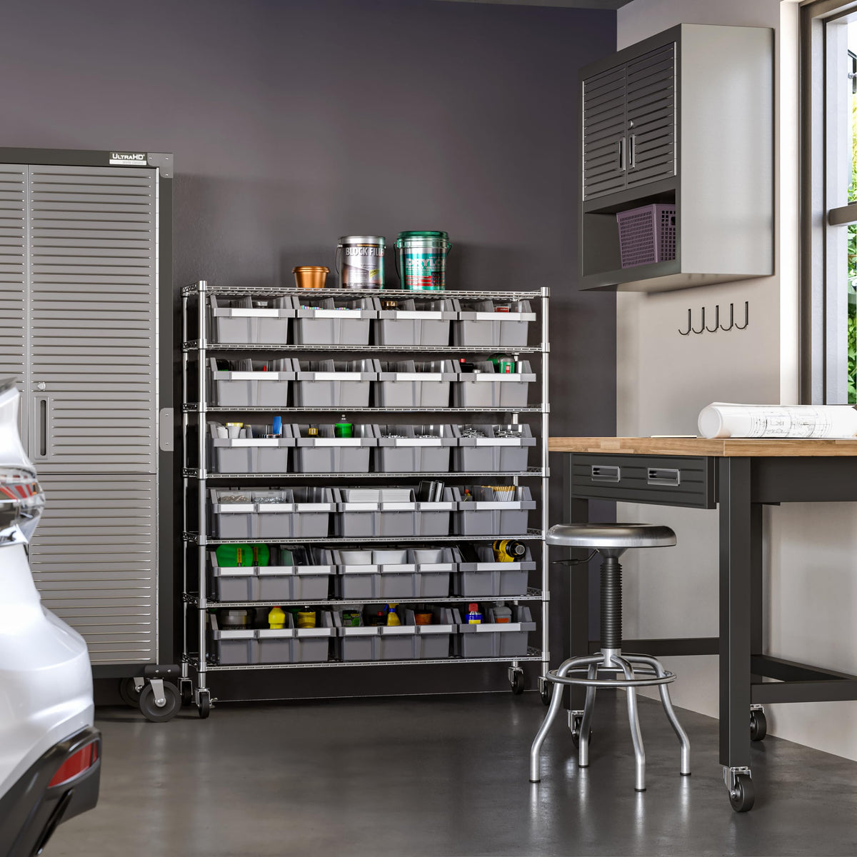 Seville Classics Heavy Duty NSF Bin Rack Solid Steel Wire Shelving Storage Unit, Patented Organizer for Garage, Warehouse, Office, Restaurant, Classroom, Kitchen, Gray, Includes 21 Bins