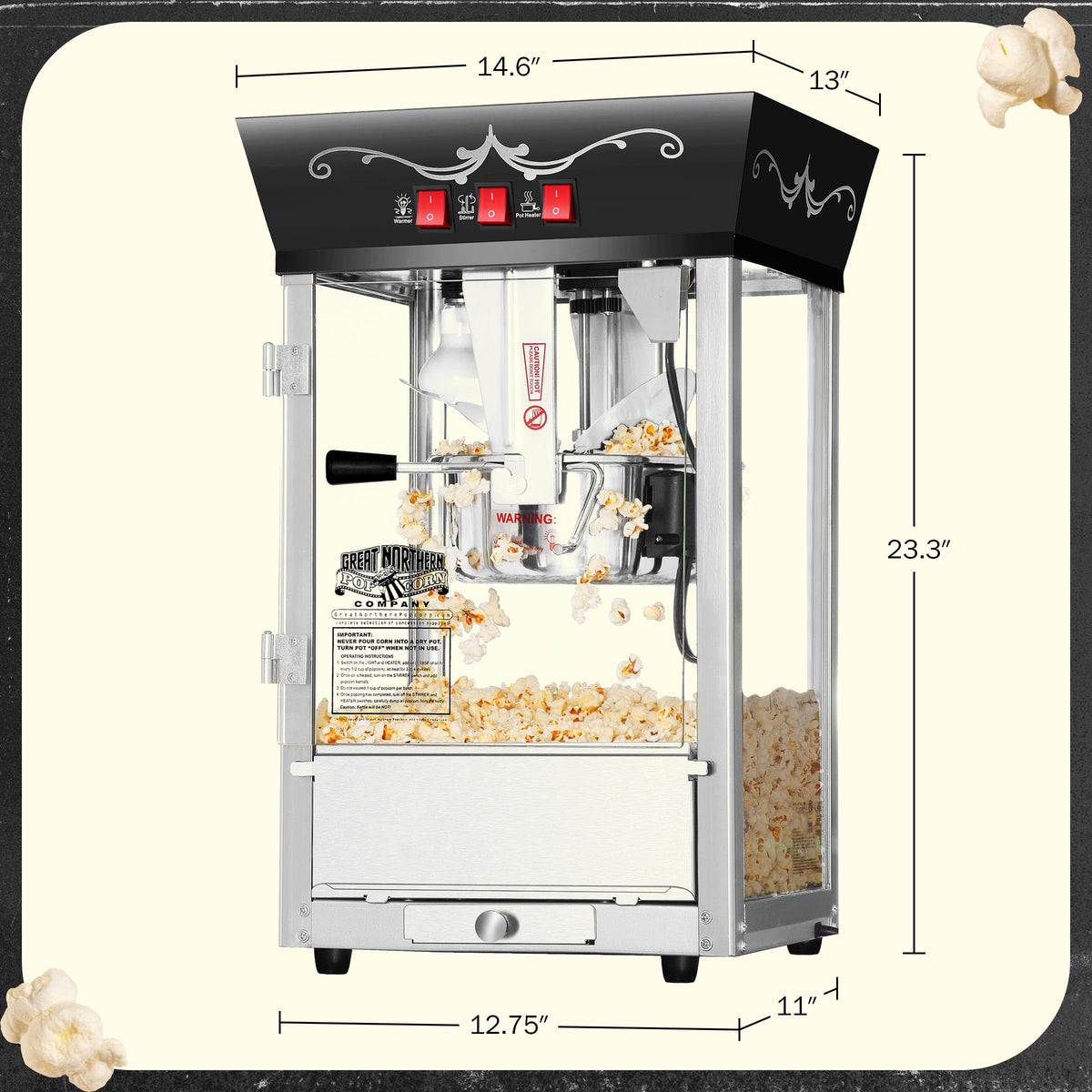 Matinee Popcorn Machine - 8oz Popper with Stainless-Steel Kettle, Reject Kernel Tray, Warming Light, and Accessories by Great Northern Popcorn (Black)