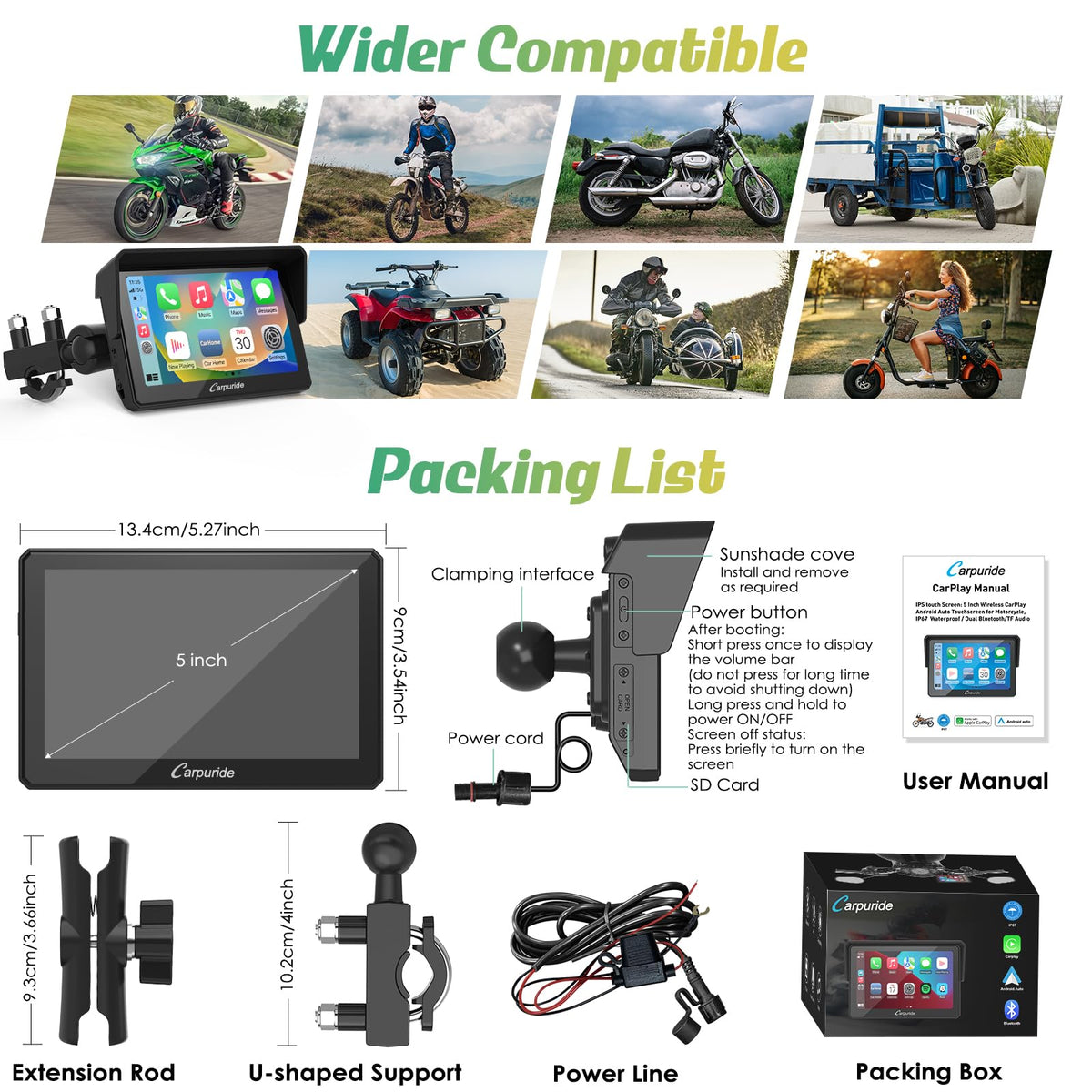 Carpuride W502 Motorcycle GPS Wireless Portable Carplay/Android Auto Waterproof Car Stereo, 5" IPS Touch Screen with Dual Bluetooth, Navigation/Siri/G00gle Assistant for Motorbike