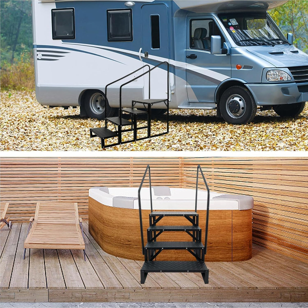 Garvee RV Steps with Handrail,660 Lbs Heavy-Duty 4 Step Camper Entry Step Stairs with Anti-Slip Panel, Mobile Home Stairs Outdoor Camping Travel Trailers Motorhome Hot Tub Spa Portable Step