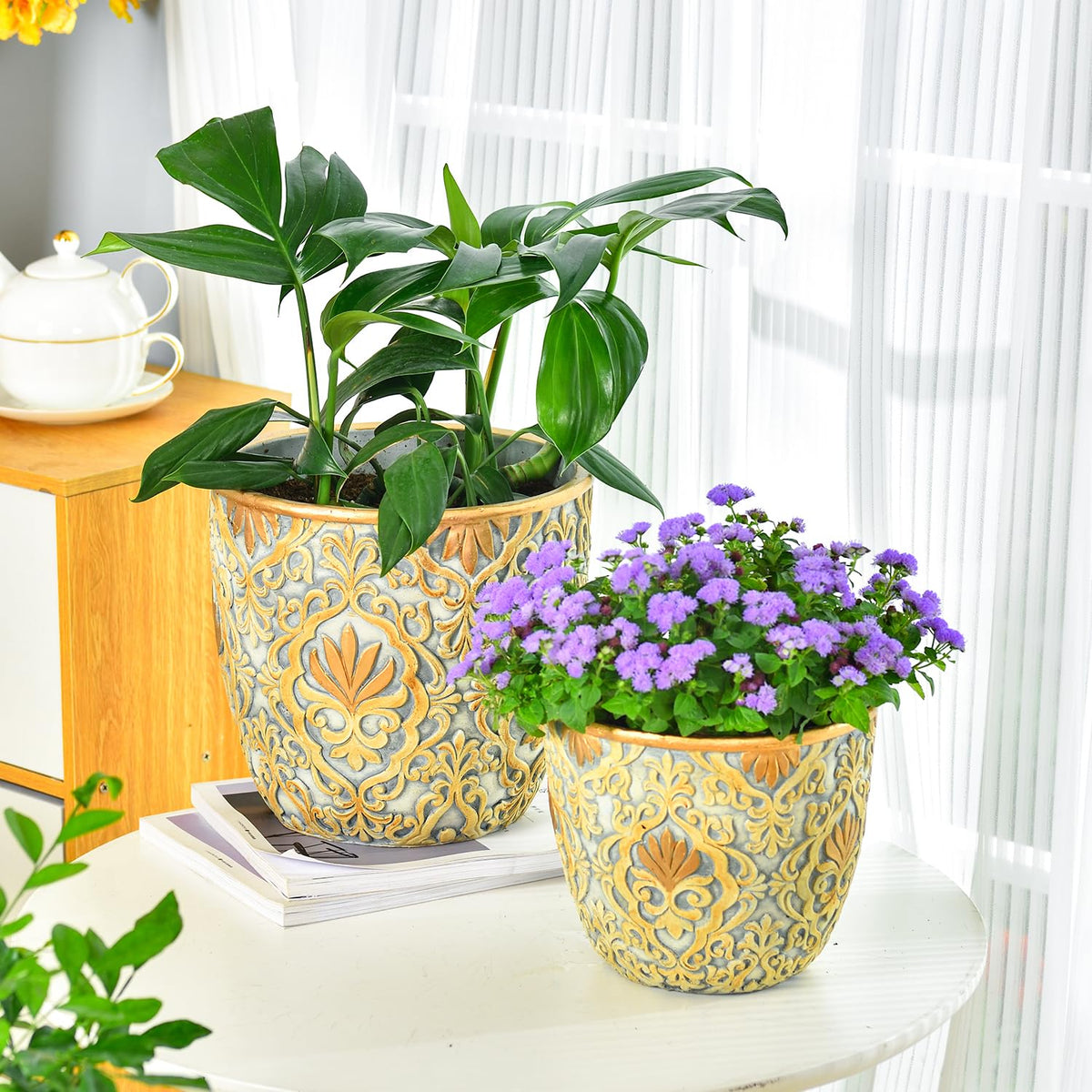 Sungmor Large Heavy Duty Cement Planters, Beautiful Embossed Concrete Garden Pots, 8" & 10" Set of 2 Plant Pots with Drainage Hole, Home Garden Decorative Flower Pots for Indoor Outdoor Plants Floral