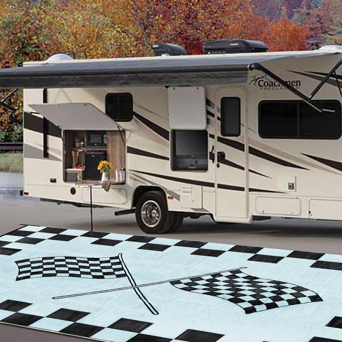 EEZ RV Products 9ft x 18ft Heavy Duty Reversible/Durable Outdoor Patio/RVing Camping Mats Come with Large Storage Bag & 6 Sets of Stakes and Washer, Black & White Checker Flag
