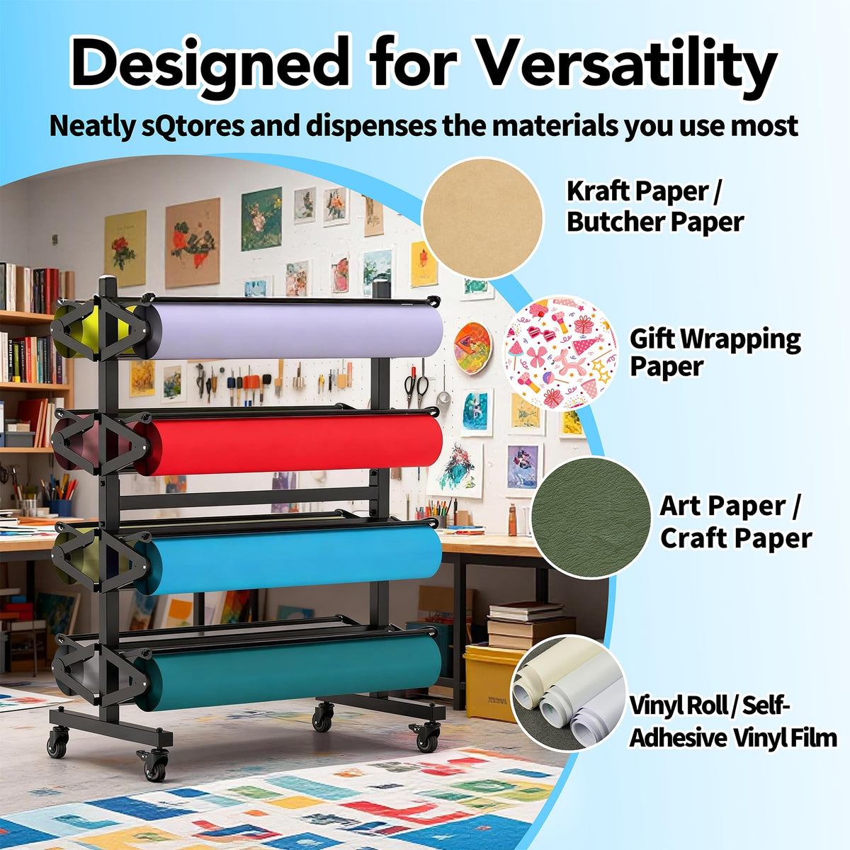 Paper Roll Holder 8-Rack Mobile Large Paper Roll Dispenser for 36 Inch Kraft, Gift Wrap, Art Paper & Vinyl Rolls, Heavy-Duty with Locking Casters for Classroom & Studio Use