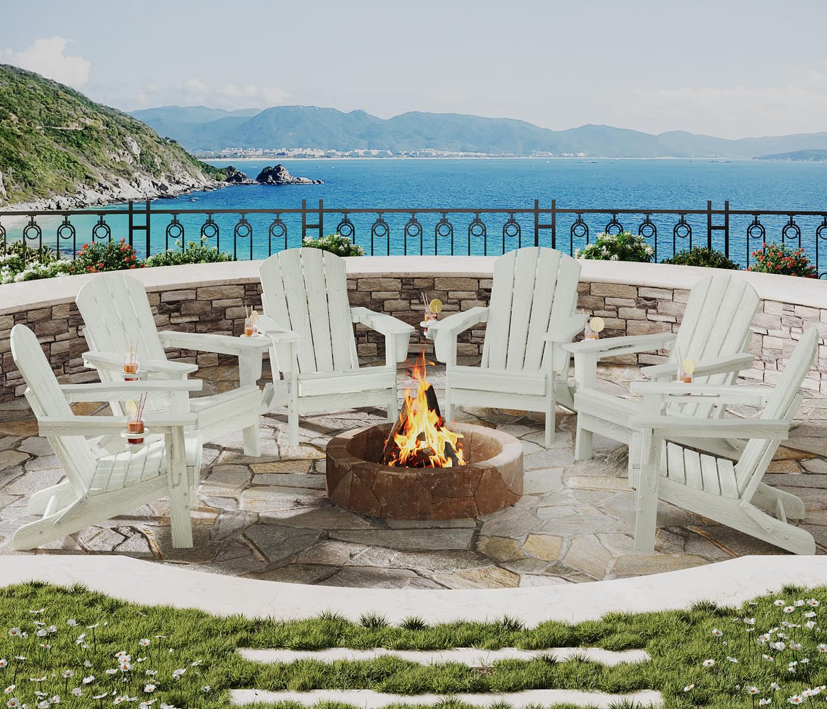 Garvee Folding Adirondack Chair Set of 4 with 2 Side Table, HDPE Outdoor Patio Chair with Cup Holder, All Weather Resistent Wooden Textured for patios, Decks, Gardens, fire Pit, White