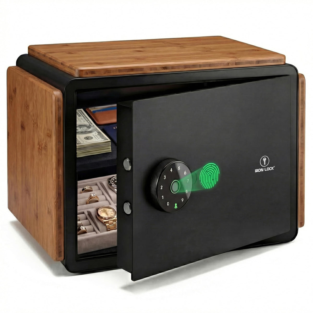 Iron Lock® Smart Safe with Wood Finish, Fingerprint & Touchscreen Keypad, Bluetooth App Control, Share Access, Emergency Key, Bolt-Down Security