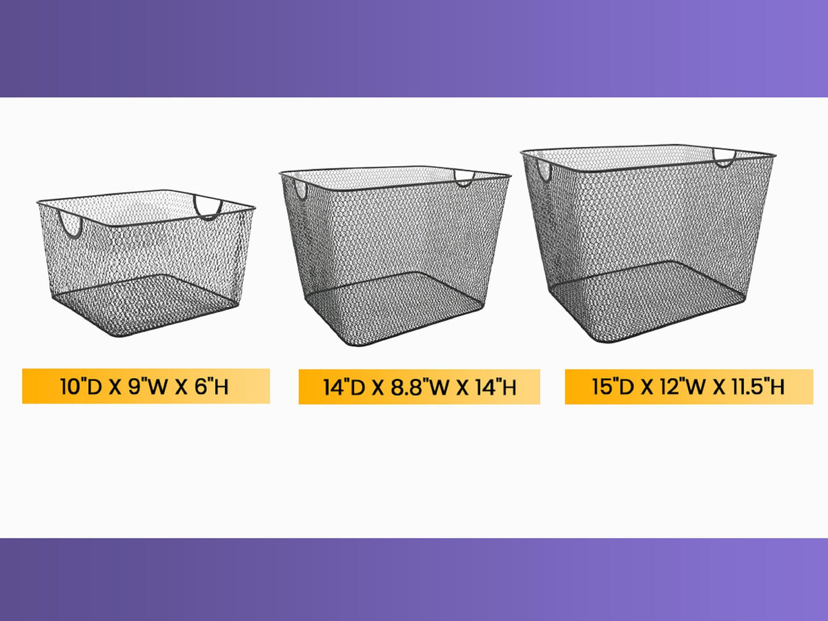 YBM HOME Mesh Stacking Bin Storage Containers for Kitchen Pantry, Cabinet and Shelves, Metal Wire Basket Rack for Fruits and Veggies, Crafts, Toys & Cleaning Items - 1 Unit, Large 15x11x8 Silver (4)