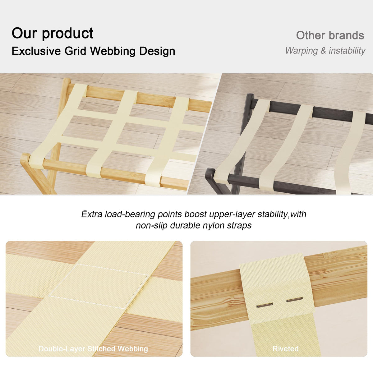 SANLUCE Fully Assembled Luggage Rack Set of 2 for Guest Room, Bamboo Suitcase Stand with Foldable Storage Shelf, Crossed Nylon Straps Folding Luggage Holder for Bedroom and Hotel, Natural