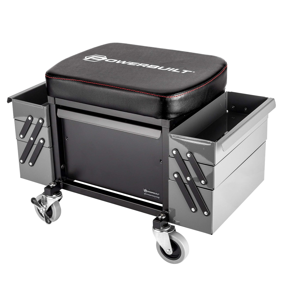 Powerbuilt Rolling Seat with Expandable Tool Trays, Roller Toolbox Garage Stool - Grey 941918ECE