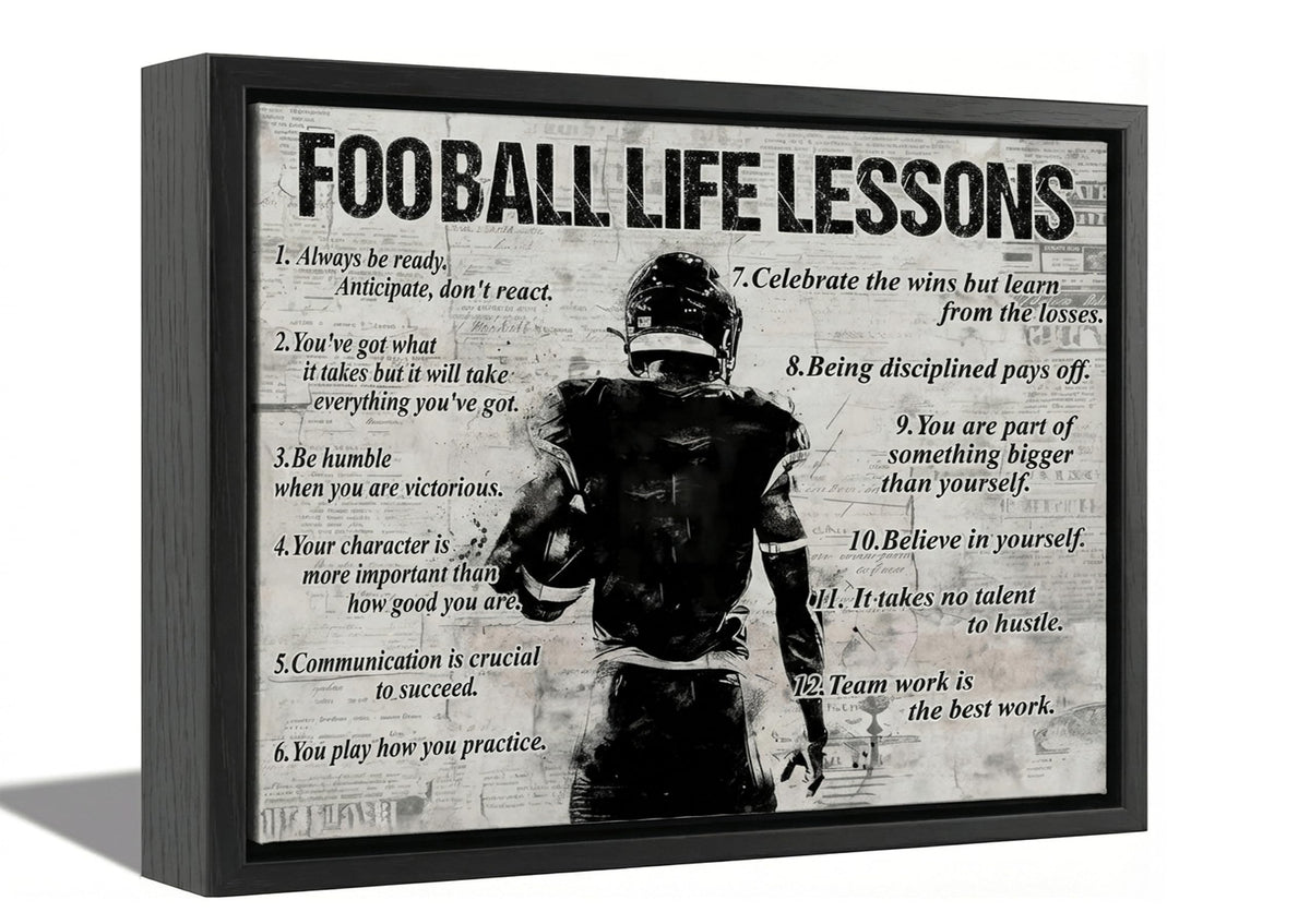 Framed Fotball Sports Canvas Wall Art Football Life Lessons Wall Decor Picture Inspirational Quotes Motivational Boy Poster Print Painting for Gym Bedroom Living Room Decoration Prepare To Hang