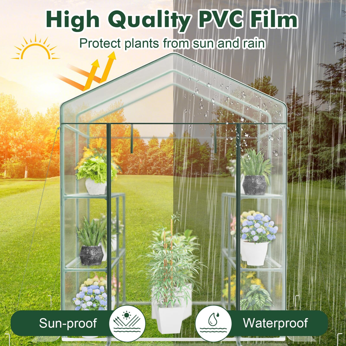 Happygrill Greenhouse, Portable Greenhouses for Outdoors w/8 Shelves, Roll-Up Zippered Door, 2 Observation Windows & 2 Tiers, Weather-Proof PE Cover, Wind Rope (Transparent, 55” x 57” x 77”)