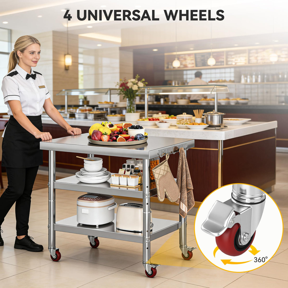 DWVO 36x24in Stainless Steel Table, NSF Metal Prep Worktable with 2 Adjustable Shelves & Wheels for Kitchen Restaurant Hotel Garage Warehouse Home