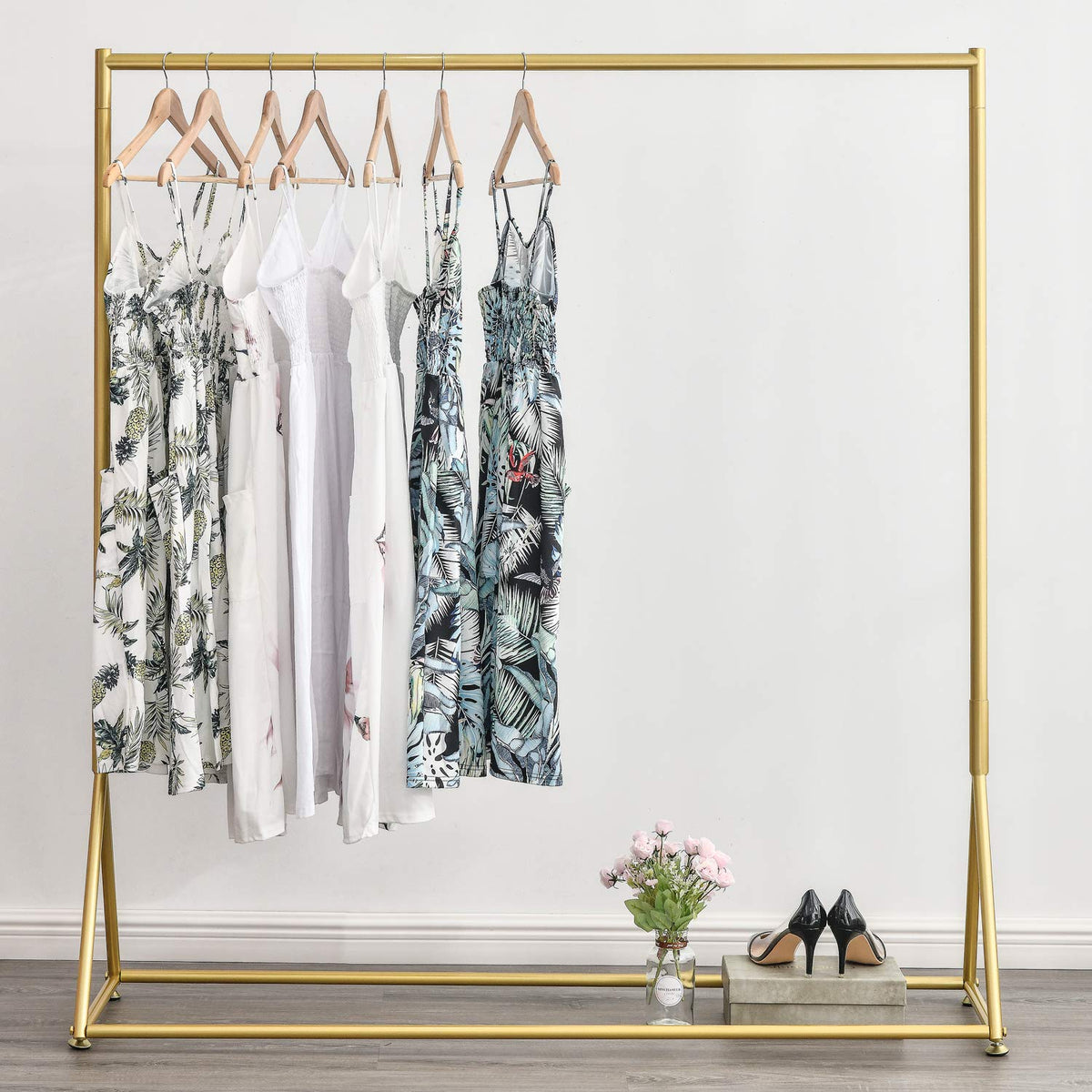 BOSURU Gold Pipe Clothing Racks Freestanding, Modern Metal Clothes Rack Heavy Duty, Easy Assemble Clothing Rack for Hanging Boutiques and Bedroom 59" L