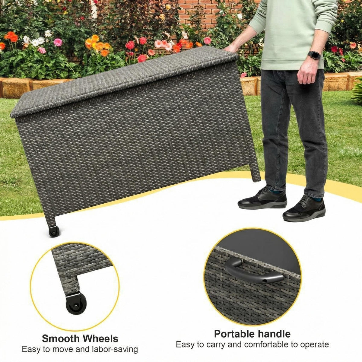 IDEALHOUSE 125 Gallon Outdoor Storage Deck Box with Wheels, Waterproof PE Rattan Garden Storage Chest for Patio, Balcony, Poolside, and Backyard, Portable Storage Container with Handles, Gary
