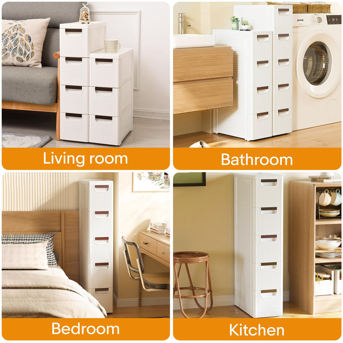 5 Drawers Slim Bathroom Storage Cabinet Dresser, Narrow Plastic Rolling Cart Organizer with Drawers, for Small Spaces, Kitchen, Laundry, Office, Bedroom, White
