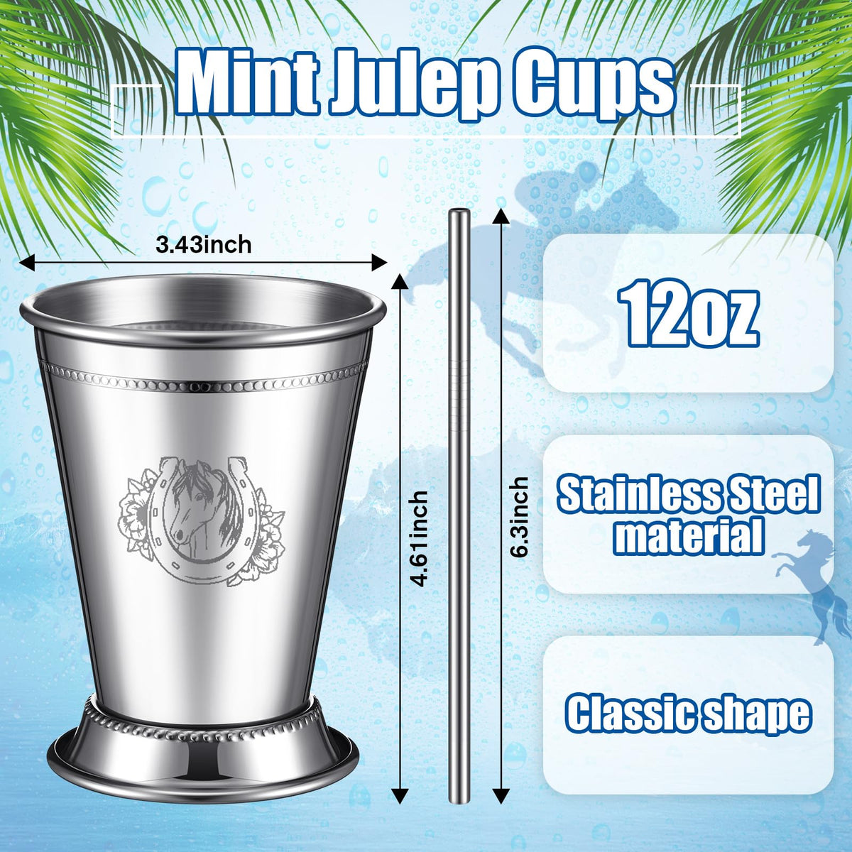 Ziliny 24 Pack Mint Julep Cups with Straws 12 oz Stainless Steel Drinking Cups Metal Cocktail Glasses Beaded Mint Julep for Horse Racing Derby Party Supplies
