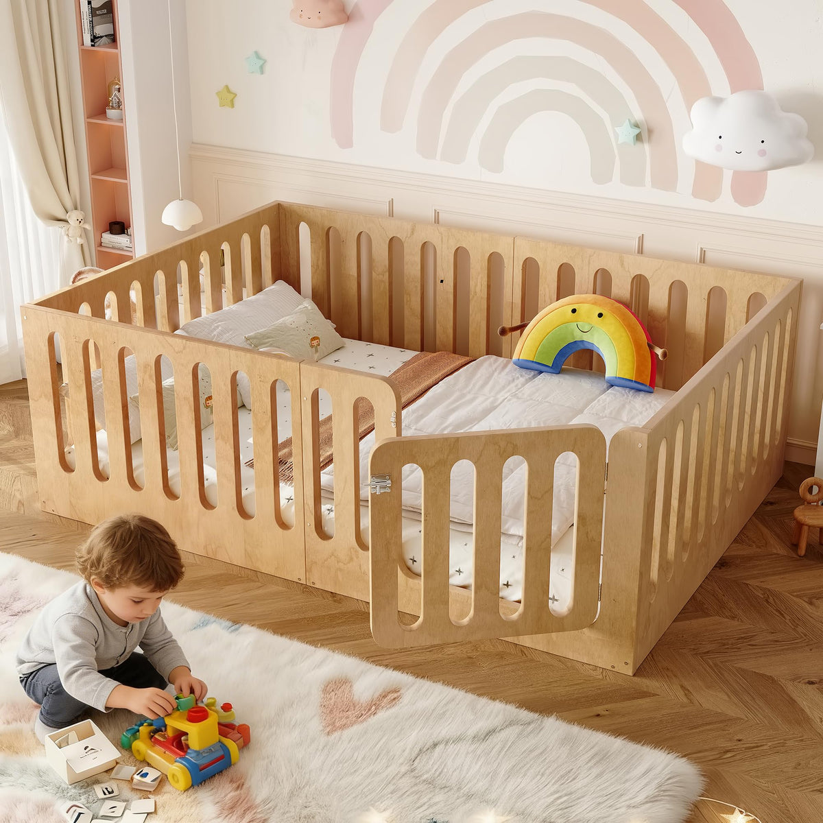 GDFStudio Full Size Montessori Floor Bed with Door, Solid Wood Kids Floor Bed Frame, Low Profile No Box Spring Needed, House Style Design, Sturdy Slats Support, Natural Finish, Easy Assembly