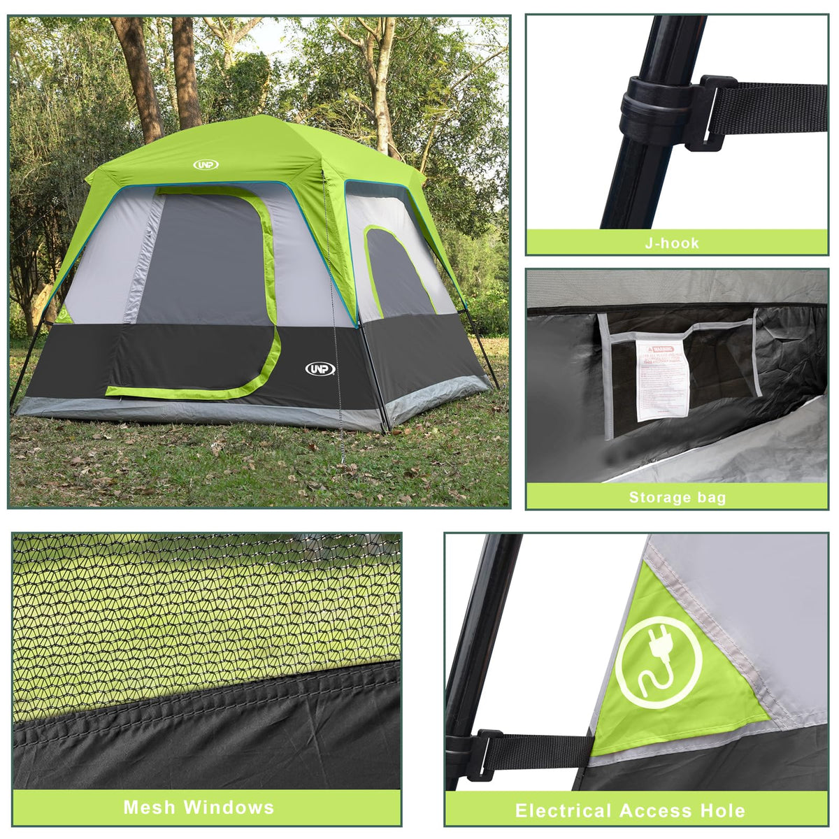 UNP 4-Person Tent, Portable Cabin Tent, Camping Tent 4-Person Easy Set Up, Waterproof with Top Rainfly for Outdoor Camping/Hiking (Fluorescent Green)
