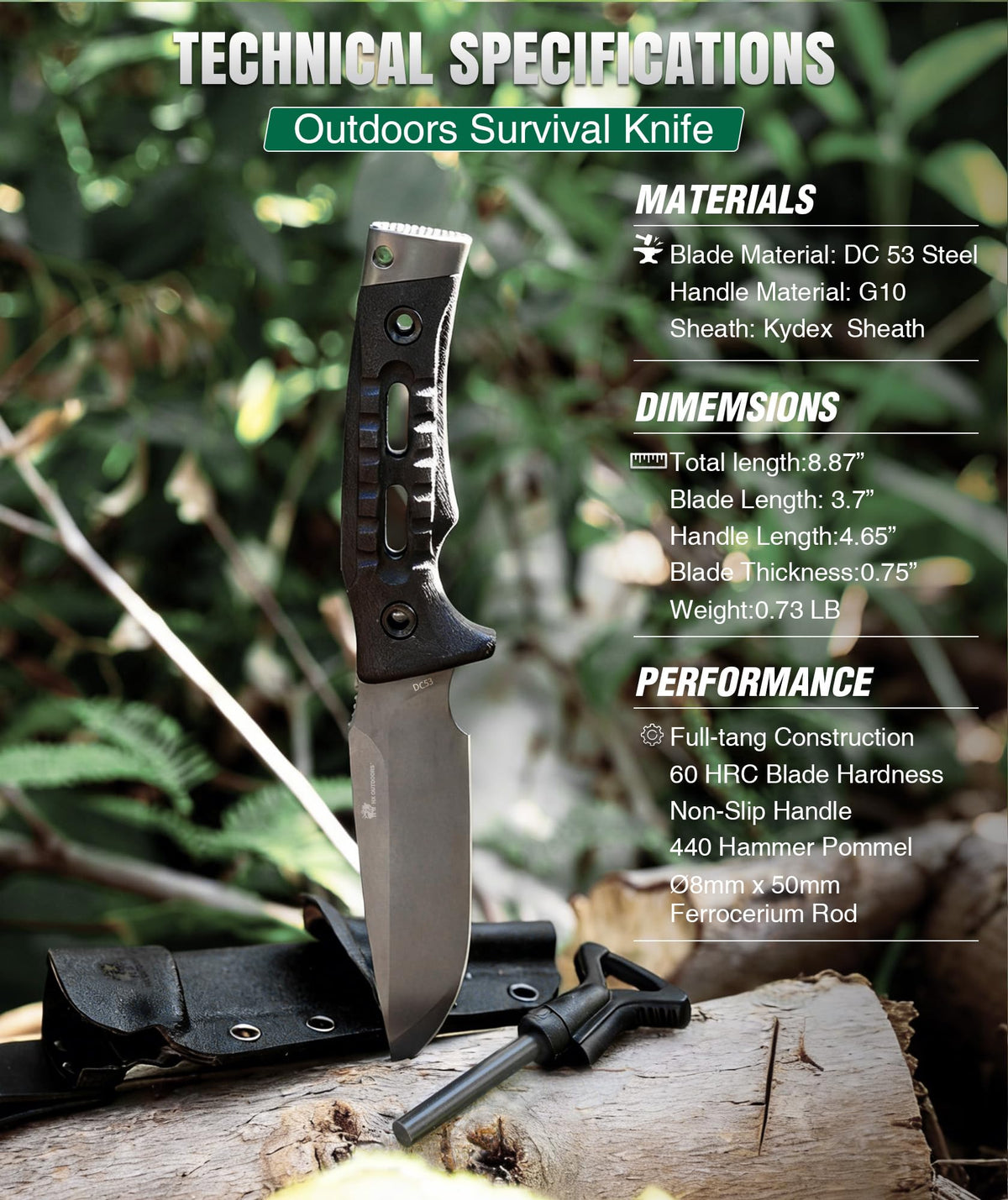 HX OUTDOORS 2-Pcs Survival Kit: 14" DC53 Steel Kukri Machete & Fixed Blade Camping Knife with Kydex Sheaths, Heavy Duty Bushcraft Tool Set for Clearing Brush, Yard Work & Camping