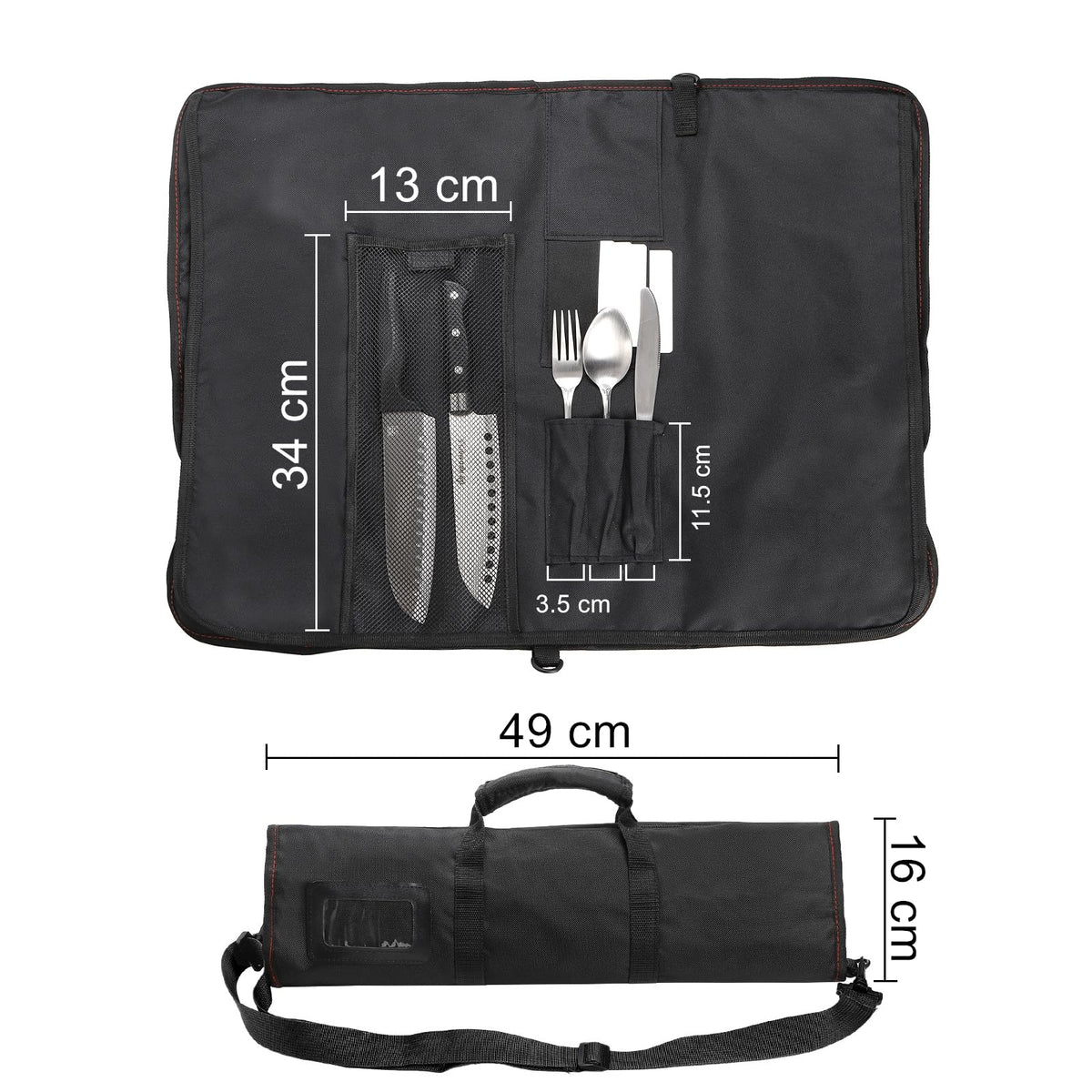 Tosnail Chef Knife Case Roll Bag with 21 Slots & 1 Large Zipper Pocket, Easy Carry Handle and Shoulder Strap - Black