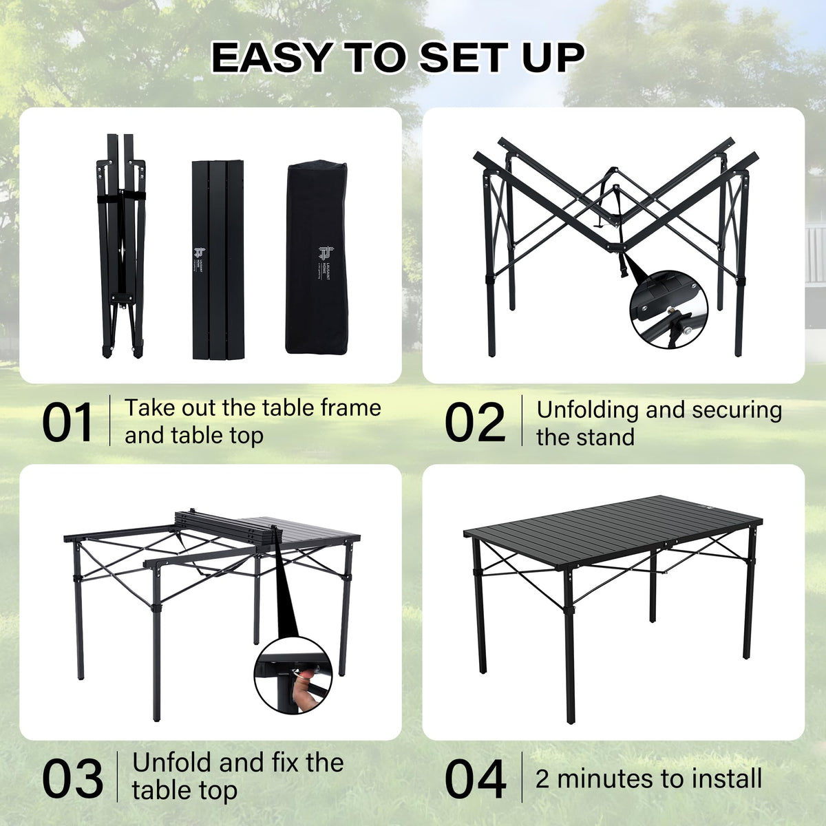 OUTSIDER Folding Camping Table with Aluminum Roll-up Tabletop Portable Lightweight Beach Table with Carry Bag for Outdoor Cooking, Picnic, BBQ, Travel, Backyard, Black, 46" x 28"