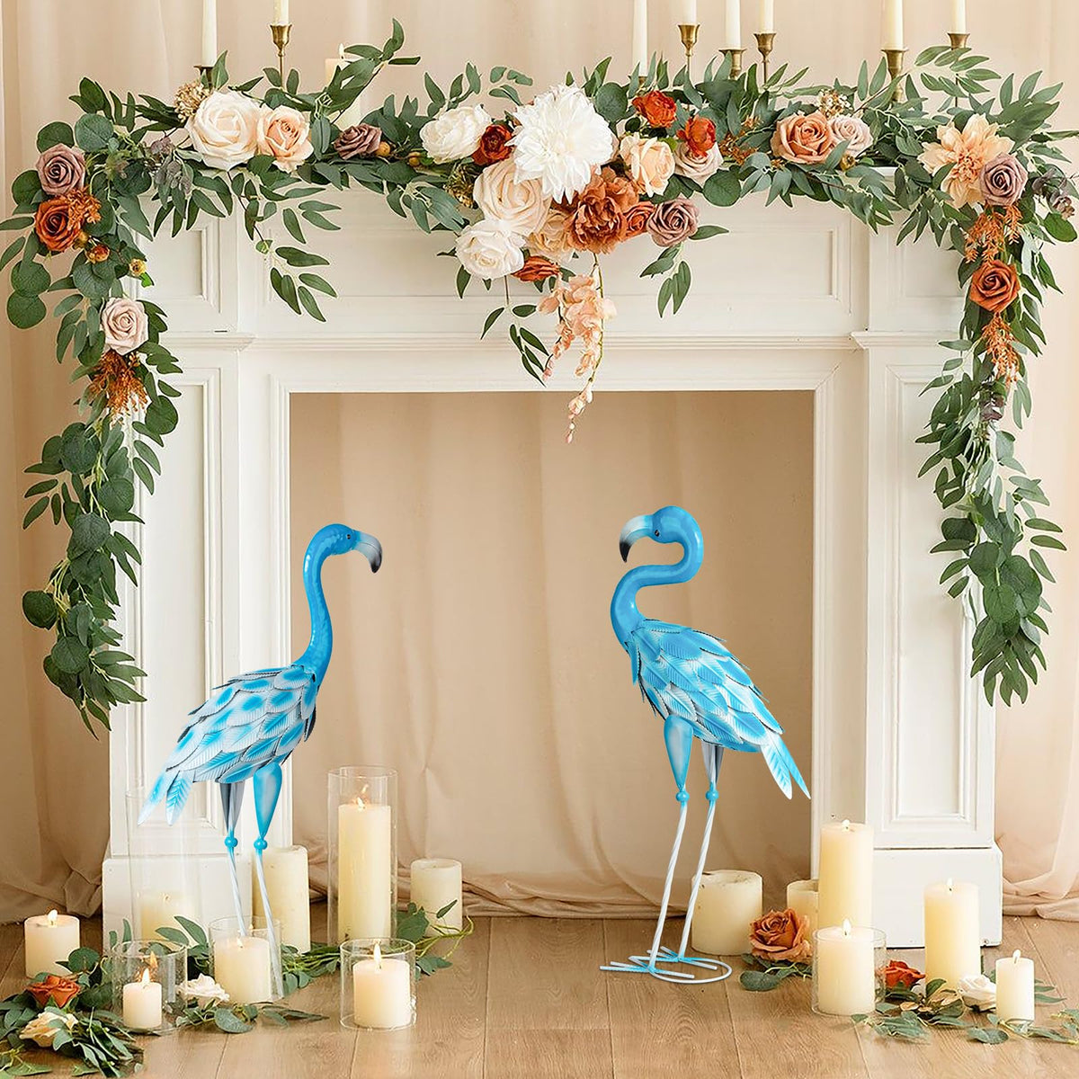 SUNREEK Metal Flamingo Statues, 2Pcs Blue Flamingo Yard Art Sculptures for Garden Home Patio Lawn Backyard Decorations
