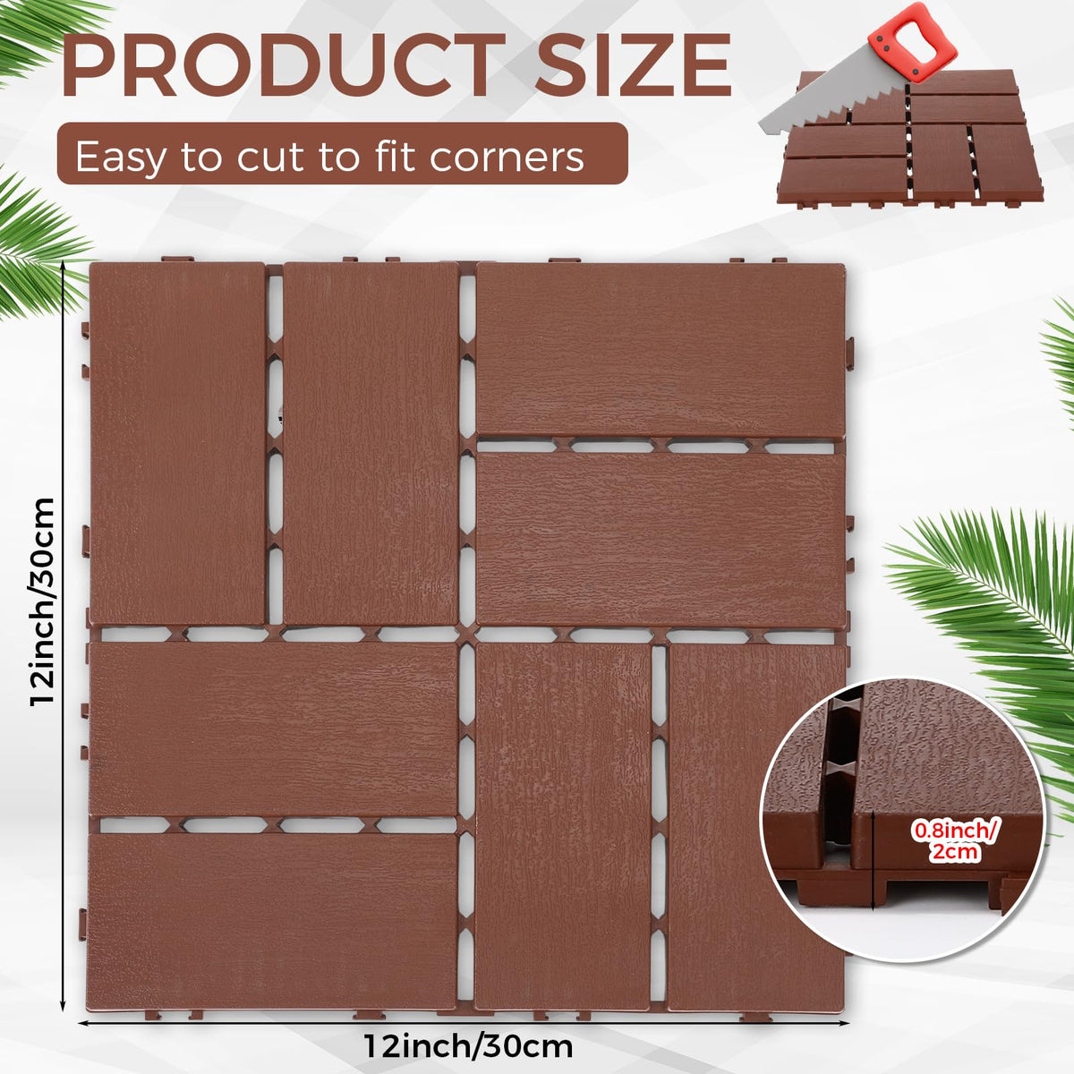 BreezeHug 44 Pack Interlocking Deck Tiles 12"x12"x0.8" Plastic Waterproof Floor Tiles, Outdoor Interlocking Flooring Panels for Patio Garden Poolside Balcony Porch(Brown)