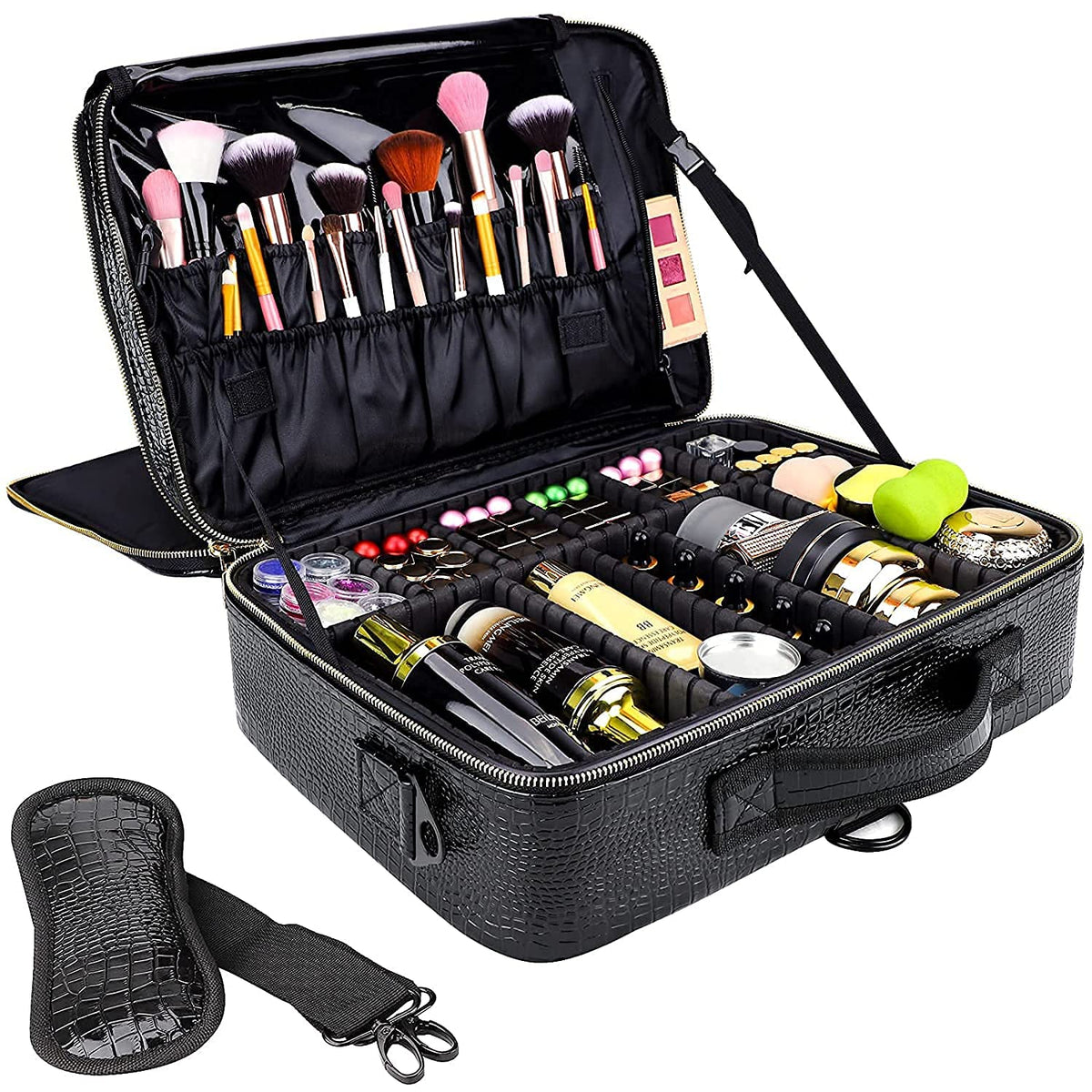 gzcz Large Capacity Travel Makeup Case Organizer,Professional Cosmetic Bags for Women,Waterproof PU Leather Makeup Bag with Adjustable Dividers and Shoulder Strap for Brushes and Jewelry